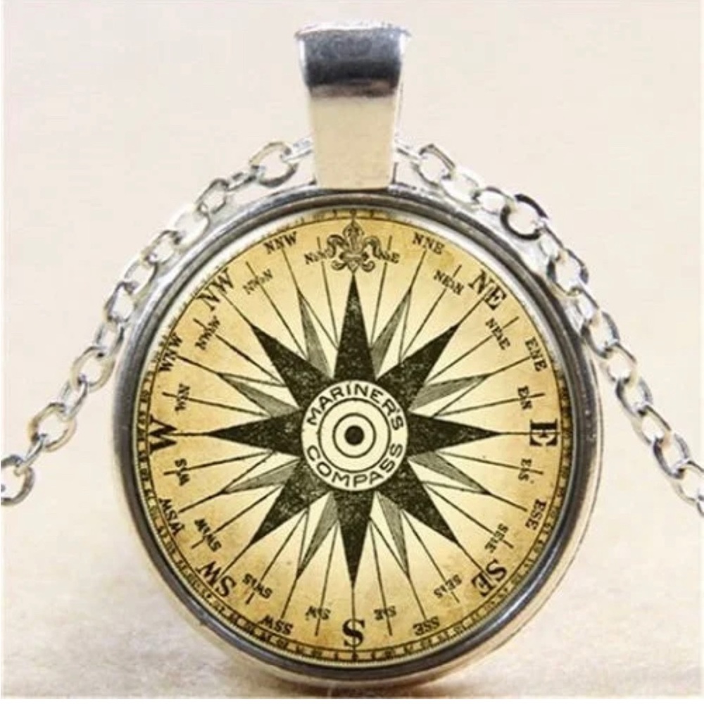 NEW Compass Cabochon Silver Glass Pendant Necklace